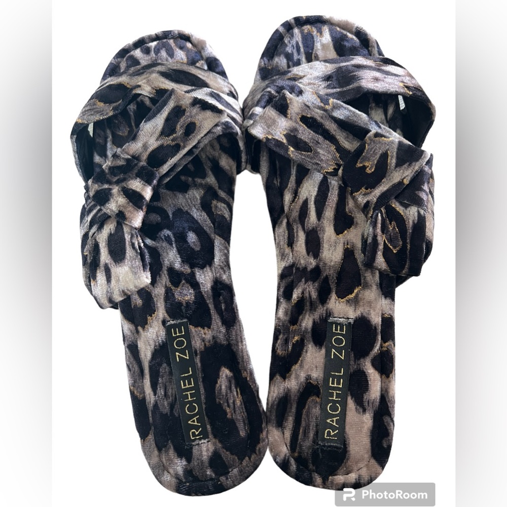 RACHEL ZOE Leopard Velour slides rubber sole side bow grey & black SZ 8 - Picture 4 of 6